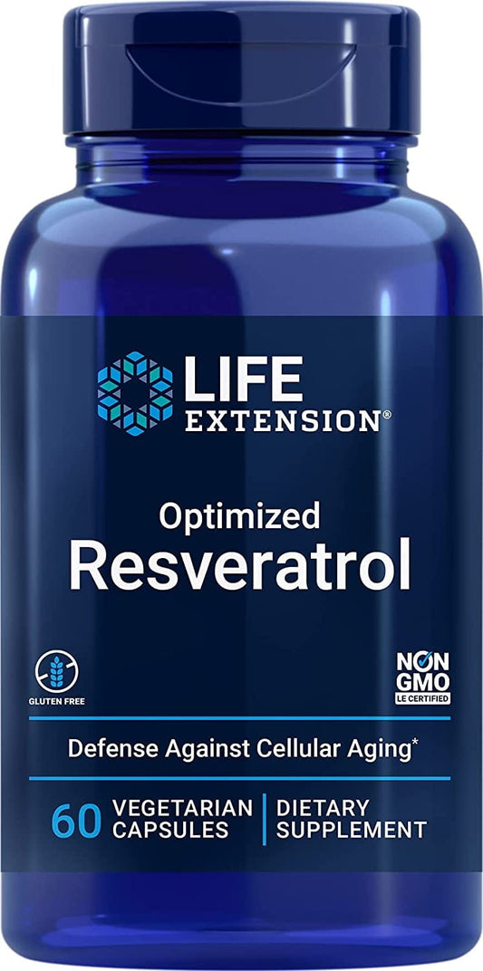 Optimierte Resveratrol 60 Kapseln von LIFE EXTENSION, antioxidative Nahrungsergänzung für Gesundheit und Langlebigkeit.