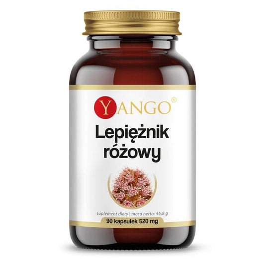 Pestwurz-Rosa-Extrakt Kapseln von YANGO, 430 mg, 90 Stück, Nahaufnahme der Verpackung und Kapseln