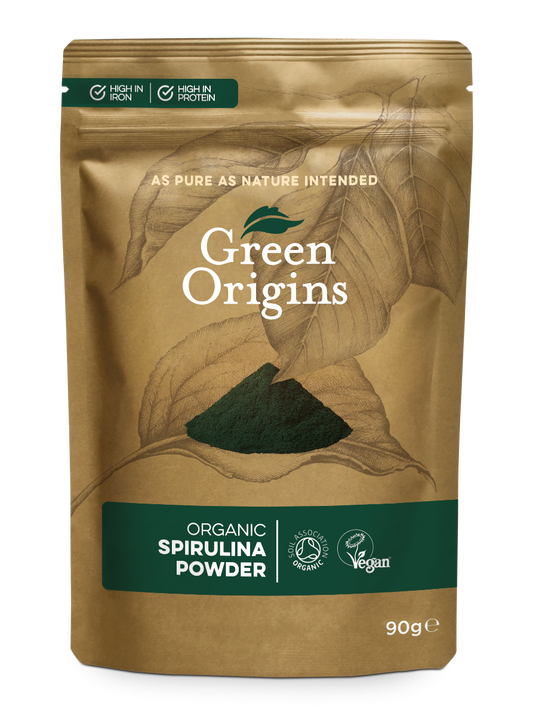 Bio-Spirulina-Pulver von GREEN ORIGINS in 90 g Packung, feines grünes Pulver für gesunde Ernährung.