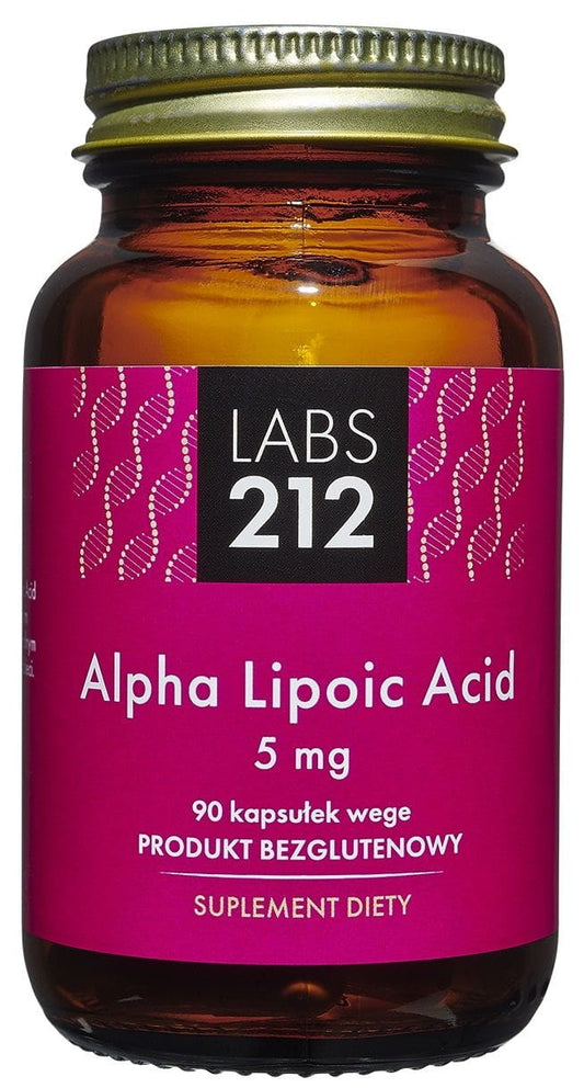 Alpha-Liponsäure 5 mg in 90 Kapseln von LABS212, Nahaufnahme der Kapseln in einer Packung.