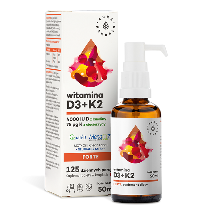 Vitamin D3 und K2MK7 in MCT-Öl von AURA HERBALS, Flasche mit 50 ml, flüssiges Nahrungsergänzungsmittel für Knochen und Immunsystem