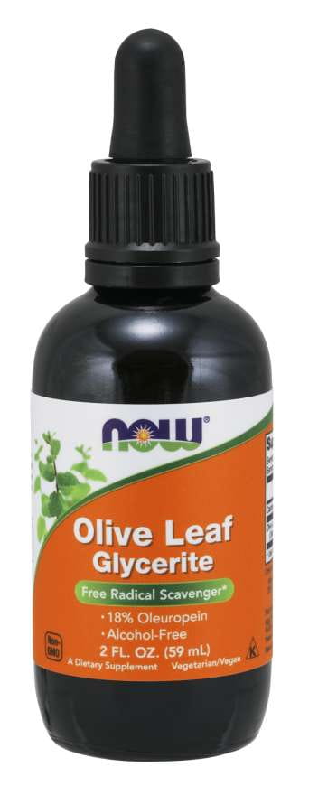 Olivenblatt Glycerit von NOW FOODS in 59 ml Flasche, flüssiges Nahrungsergänzungsmittel mit Olivenblattextrakt.