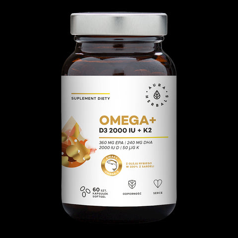Omega und Vitamin D3 2000 IE / Cholecalciferol / 50 mcg und K2 MK7 60 Kapseln AURA HERBALS