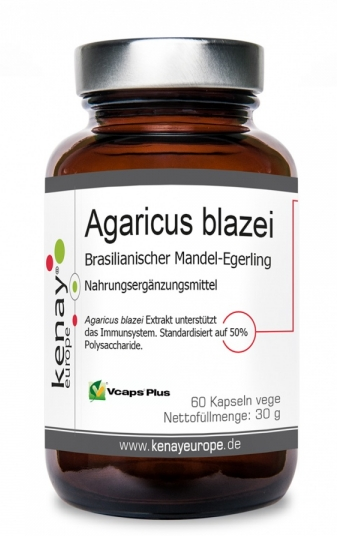Brasilianischer Agaricus blazei Pilz in KENAY-Kapseln, Nahaufnahme der Kapseln und Verpackung.