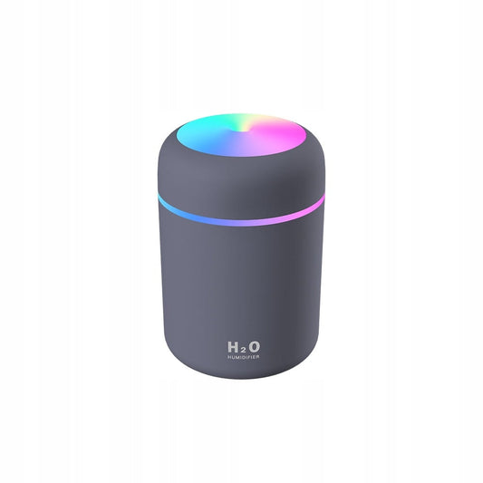 Grauer USB-Luftbefeuchter und Öldiffusor von H2O, 2W, zeigt Wasserbehälter und Dampf, ideal für Raumluftverbesserung