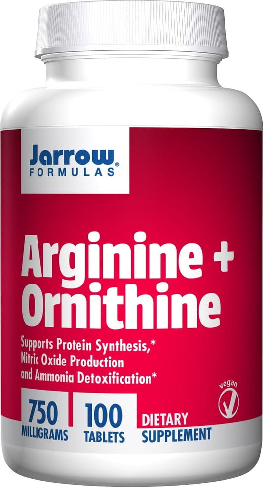 Arginin und Ornithin Tabletten von JARROW FORMULAS, 100 Stück, nahe Ansicht der Verpackung mit Tabletten in der Flasche