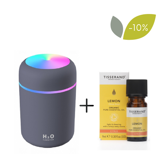Grauer Appio Öl-Diffusor-Set mit Zitrone Bio-Öl 9 ml von TISSERAND, elegante Raumduft-Atmosphäre sichtbar in der Abbildung