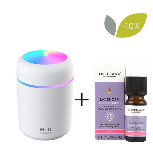 Appio Öl-Diffusor in Weiß mit Lavendelöl bio, 9 ml, von TISSERAND, zeigt den Diffusor mit Lavendelspritze und Flasche.