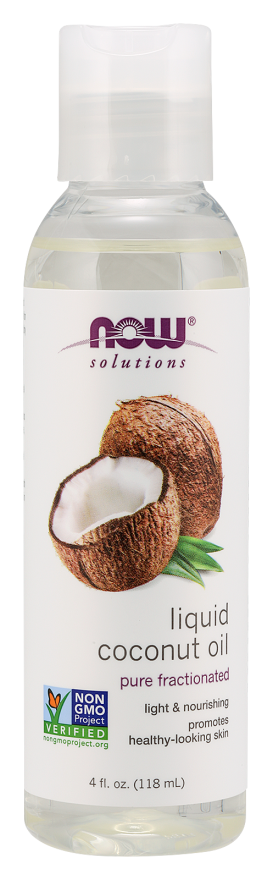 Flüssiges Kokosöl von NOW FOODS SOLUTIONS in 118 ml Flasche, cremige Textur und natürlicher Kokosgeschmack sichtbar