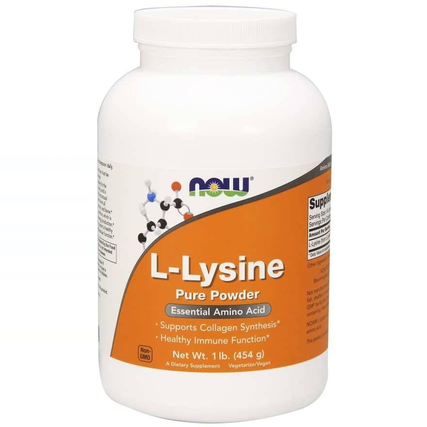 Reines L-Lysin Pulver in 454 g Packung von NOW FOODS, fein gemahlenes Nahrungsergänzungsmittel für die Gesundheit.