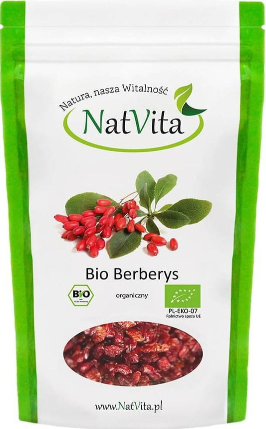 Getrocknete BIO Berberitze von NATVITA, Trockenfrüchte, kleine rote Beeren in einer transparenten Verpackung sichtbar