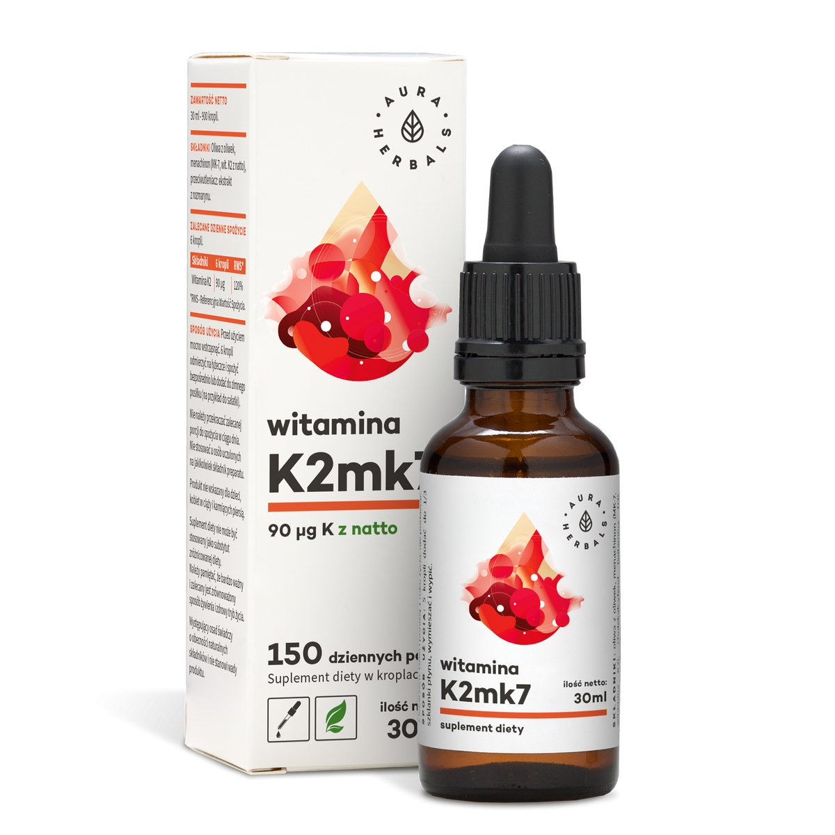 Vitamin K2MK7 Tropfen von AURA HERBALS in 30 ml Flasche, dunkle Glasflasche mit Tropfenzubehör, Nahaufnahme