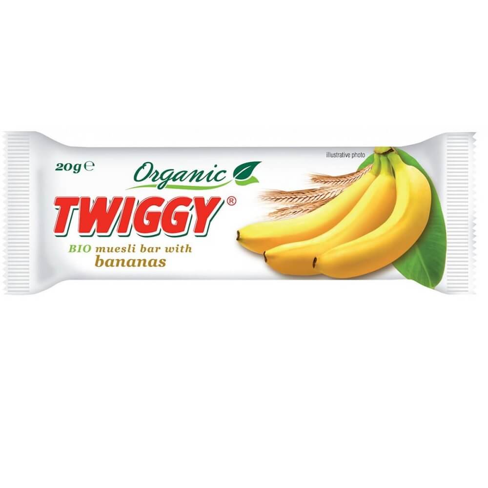 Biologischer Müsliriegel mit Banane von TWIGGY, 20 g, Nahaufnahme des Riegels mit Bananenstücken und Verpackung