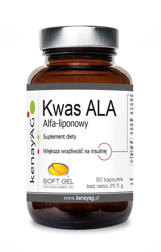 KENAY Ala Alpha-Liponsäure Kapseln, 60 Stück, Nahaufnahme der weiß-gelben Kapseln in einer Schale