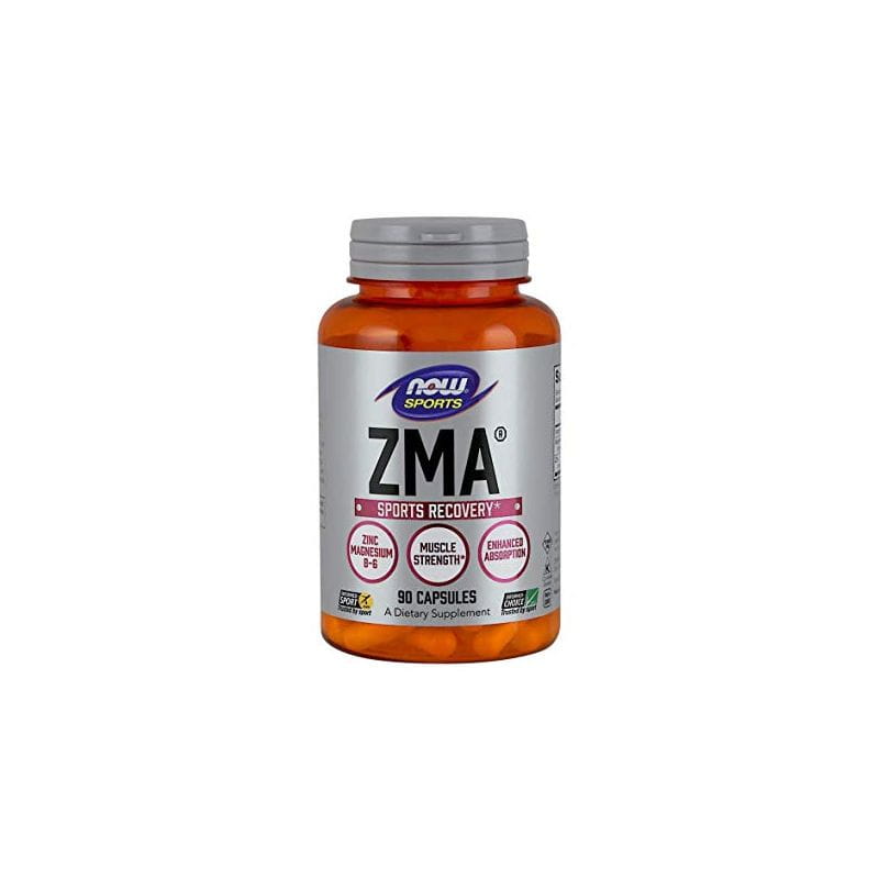 ZMA Zink Magnesium und Vitamin B6 Kapseln von NOW FOODS, 90 Stück, Nahaufnahme der Verpackung und Kapseln