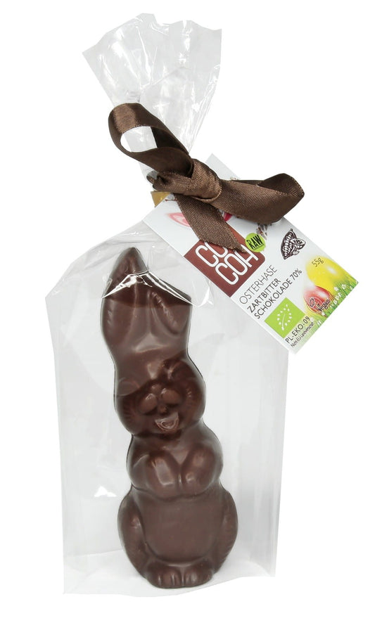 Dunkler Bio-Schokoladenhase mit 70% Kakao von COCOA, 55 g, detailreiche Schokoladenfigur aus dunkler Schokolade.