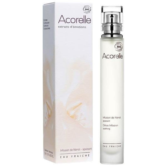 Bio-Eau fraîche Neroli von ACORELLE in einer eleganten Flasche mit Neroli-Blüten und Zitrusfrüchten, ideal für erfrischende Anwendungen
