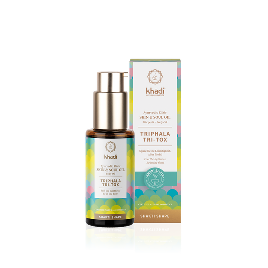 Ayurvedisches Lymphmassageöl von KHADI mit Triphala für Tox-Entgiftung, flüssig, braune Flasche, natürliche Inhaltsstoffe