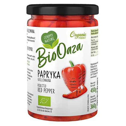 Gegrillte Bio-Paprika von BIOOAZA, 360g, frisch und aromatisch, in einer transparenten Verpackung auf einem weißen Hintergrund.