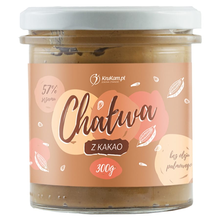 Gesüßte Kakaohalva mit Xylit von KRUKAM, 300g, cremige dunkle Süßigkeit auf einem Teller.