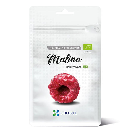 Gefriergetrocknete Bio-Himbeeren von LIOFORTE in 25g Packung, getrocknete rote Beeren, ideal für Snacks und Desserts.