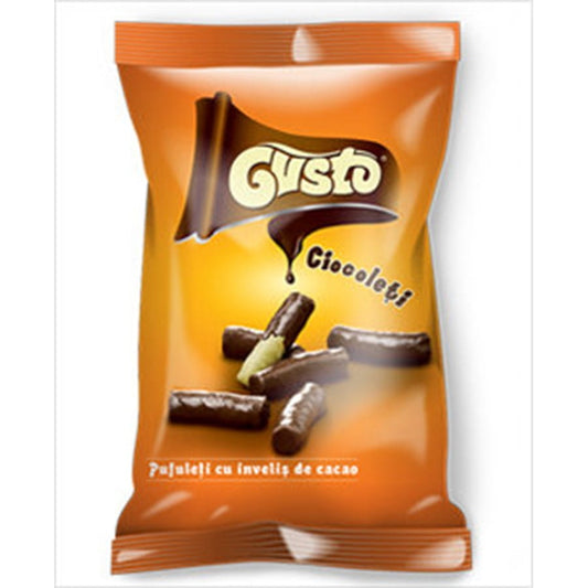 Maischips in Schokolade von GUSTO PUFULETI, 50g Packung, mit schokoladigem Überzug und knuspriger Konsistenz.