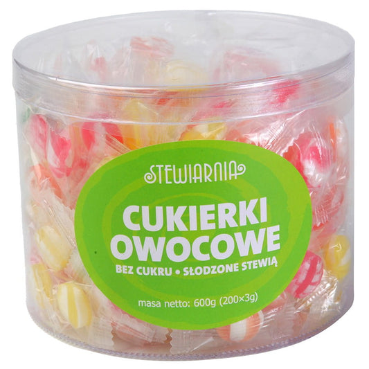 Fruchtbonbons ohne Zucker von STEWIARNIA, 600 g, ca. 200 Stück, bunte Süßigkeiten in einer offenen Schachtel
