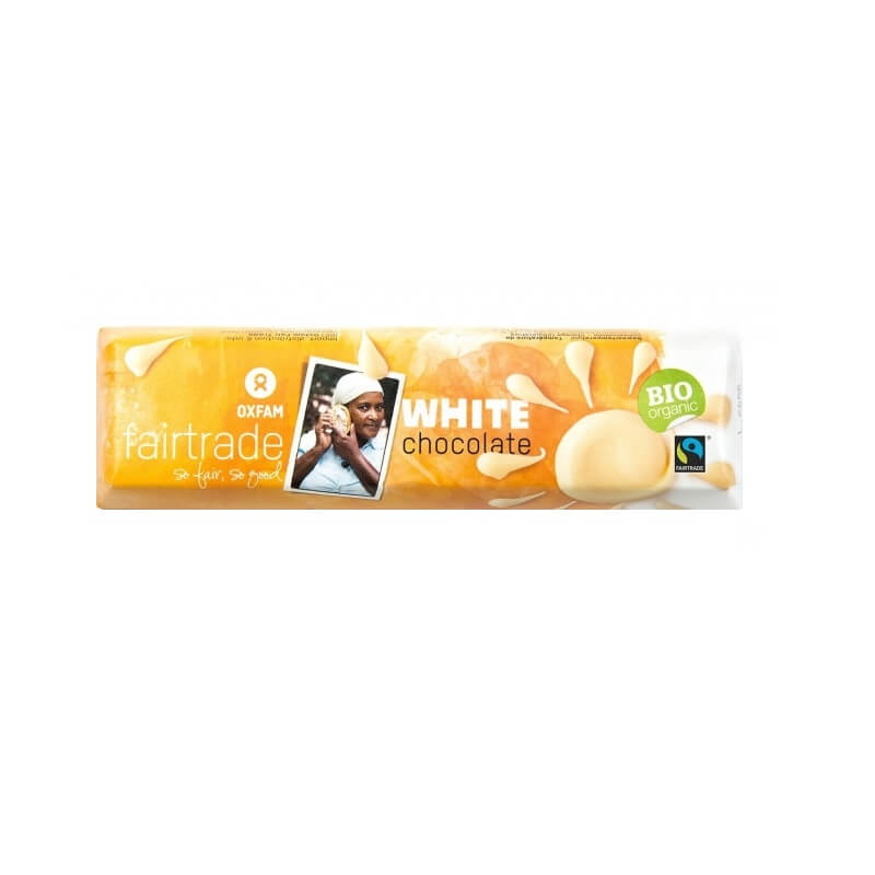 Weiße Fairtrade-Schokolade BIO von OXFAM, 50 g, mit cremiger Textur und fair gehandelten Zutaten, auf weißem Hintergrund.