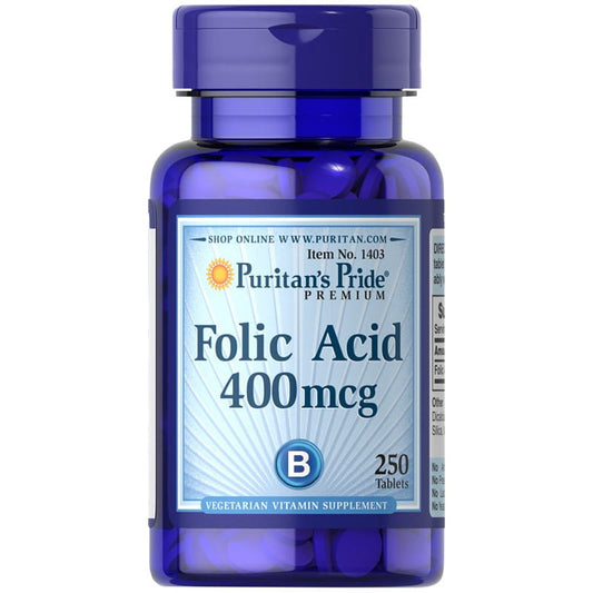 Folsäure 400 mg von PURITAN'S PRIDE, 250 Tabletten, Nahaufnahme der Tabletten in einer Blisterpackung.