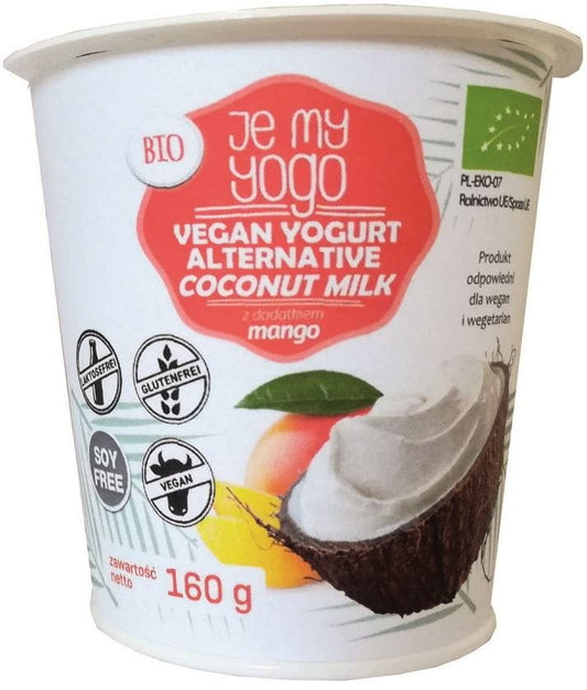 Glutenfreies Kokosdessert mit Mango von YOGO, Bio, 160 g, cremige Textur, fruchtige Mango, nachhaltige Verpackung.