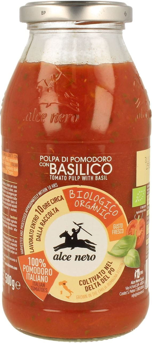 Bio Tomatensauce mit Basilikum von ALCE NERO, 500 g, zeigt eine Glasflasche mit frischer roter Tomatensauce und Basilikum.