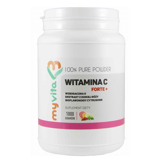 Vitamin C FORTE mit Wildrosenextrakt und Zitrus-Bioflavonoiden, 1000g, Pulver, von MYVITA, enthält orangefarbene Tabletten