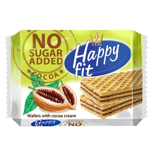 Kakaowaffeln von HAPPY FIT ohne Zuckerzusatz, 95g, mit dunklem Schokoladenüberzug und knuspriger Waffelstruktur.