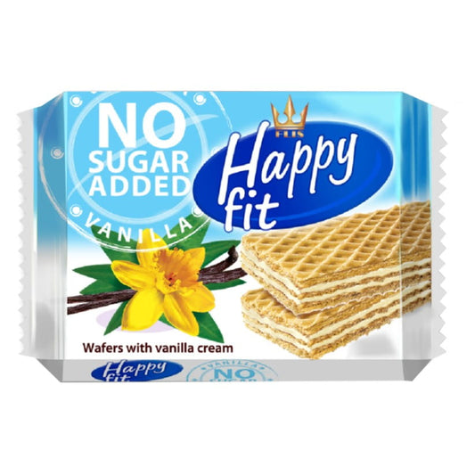 Vegane Vanillewaffeln ohne Zuckerzusatz von HAPPY FIT, 95g, knusprige Waffeln mit Vanillegeschmack auf einem Teller.
