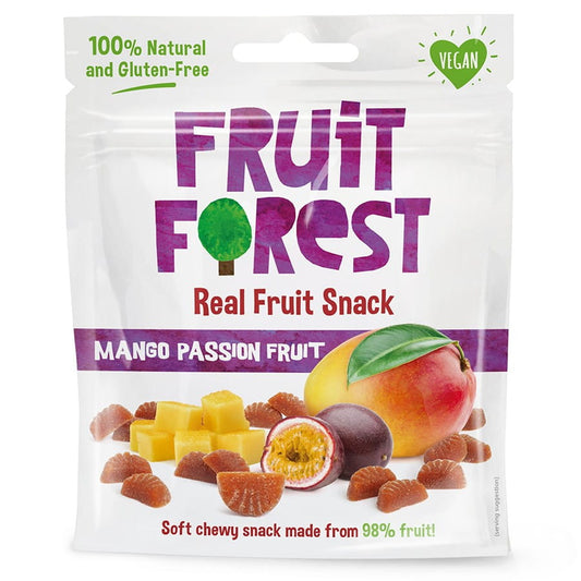 Fruchtbonbons mit Mango und Maracuja von FRUIT FOREST, 30 g, bunte Bonbons in transparenter Verpackung.