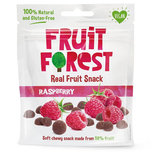 Fruchtbällchen mit Himbeere von FRUIT FOREST, 30g, nahaufnahme der roten Beeren-gefüllten Fruchtbällchen.