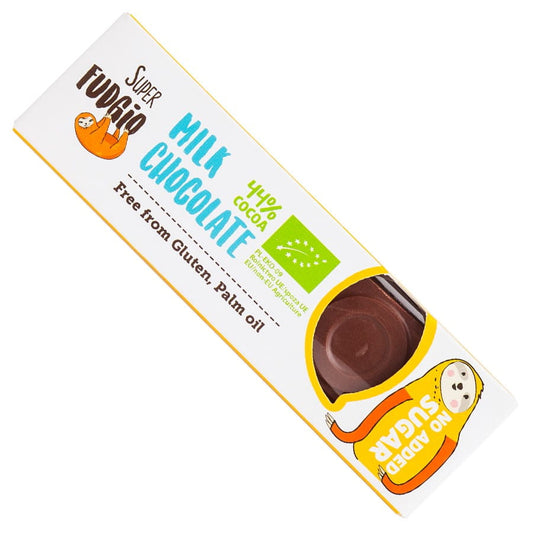 Bio Schokoladenmilchriegel ohne Zuckerzusatz von SUPER FUDGIO, 40g, cremige Schokoladennote in natürlicher Verpackung