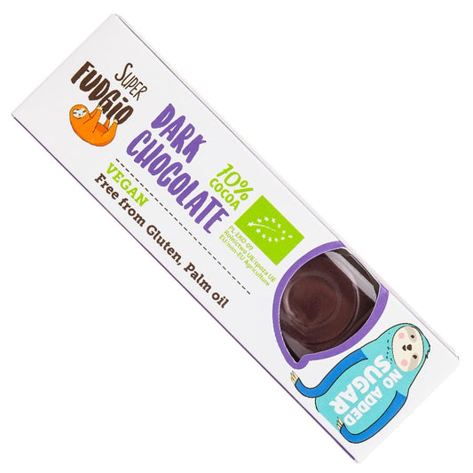 Dunkler Bio-Schokoriegel ohne Zuckerzusatz von SUPER FUDGIO, 40g, mit dunkler Schokolade und natürlichen Zutaten.
