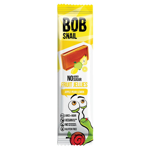 BOB SNAIL Fruchtgummi mit Apfel, Birne und Zitrone, zuckerfrei, 38g, fruchtige Snack Gelees auf einem Teller