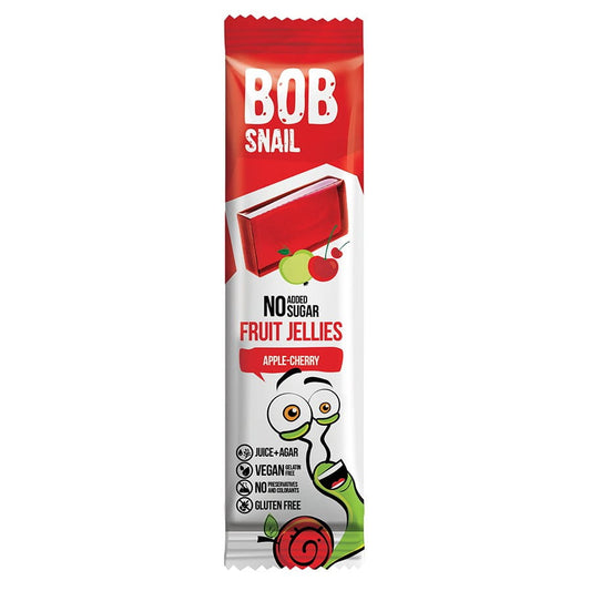 BOB SNAIL Apfel-Kirsch-Gelee ohne Zuckerzusatz in 38g Packung, Nahaufnahme des Glases mit rotem Fruchtgelee.