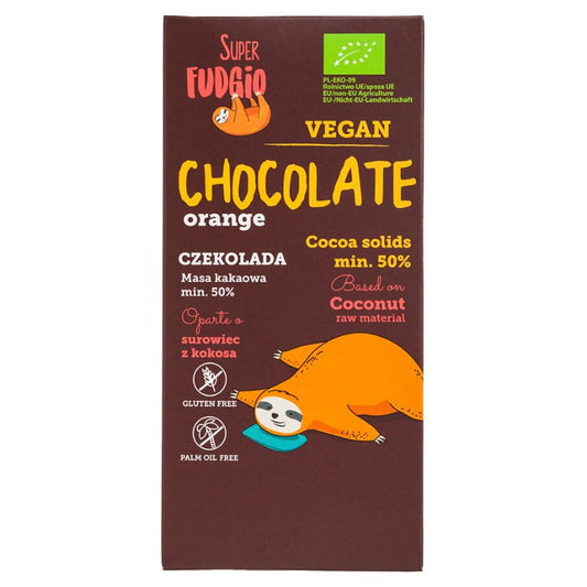 Bio Orangenschokolade von SUPER FUDGIO, 80g, mit sichtbarer Orangenschale und cremiger Schokoladenstruktur.