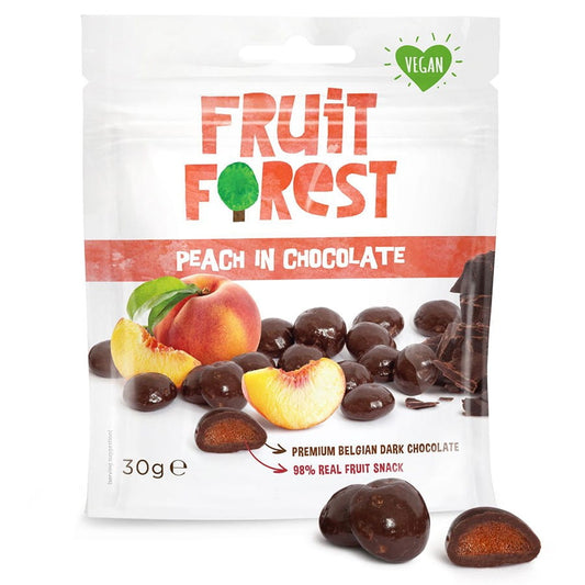 Fruchtbonbons mit Pfirsich in Schokolade von FRUIT FOREST, 30g, zeigt die Bonbons mit Pfirsichfüllung in Schokoladenhülle