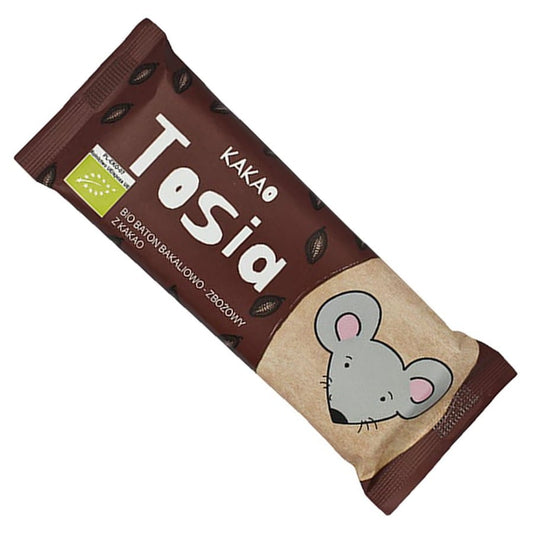 Tosia Nüsse und Rosinen Riegel von HELPA mit Kakao, Bio, 37g, geöffneter Riegel mit Nüssen und Rosinen sichtbar