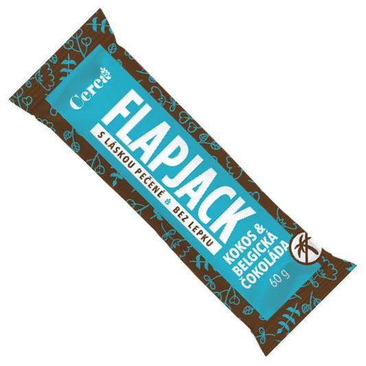 Gebackener Haferriegel mit Kokos und belgischer Schokolade, 60g, von CEREA, Nahaufnahme des Riegels mit Kokosstücken und Schokoladenüberzug