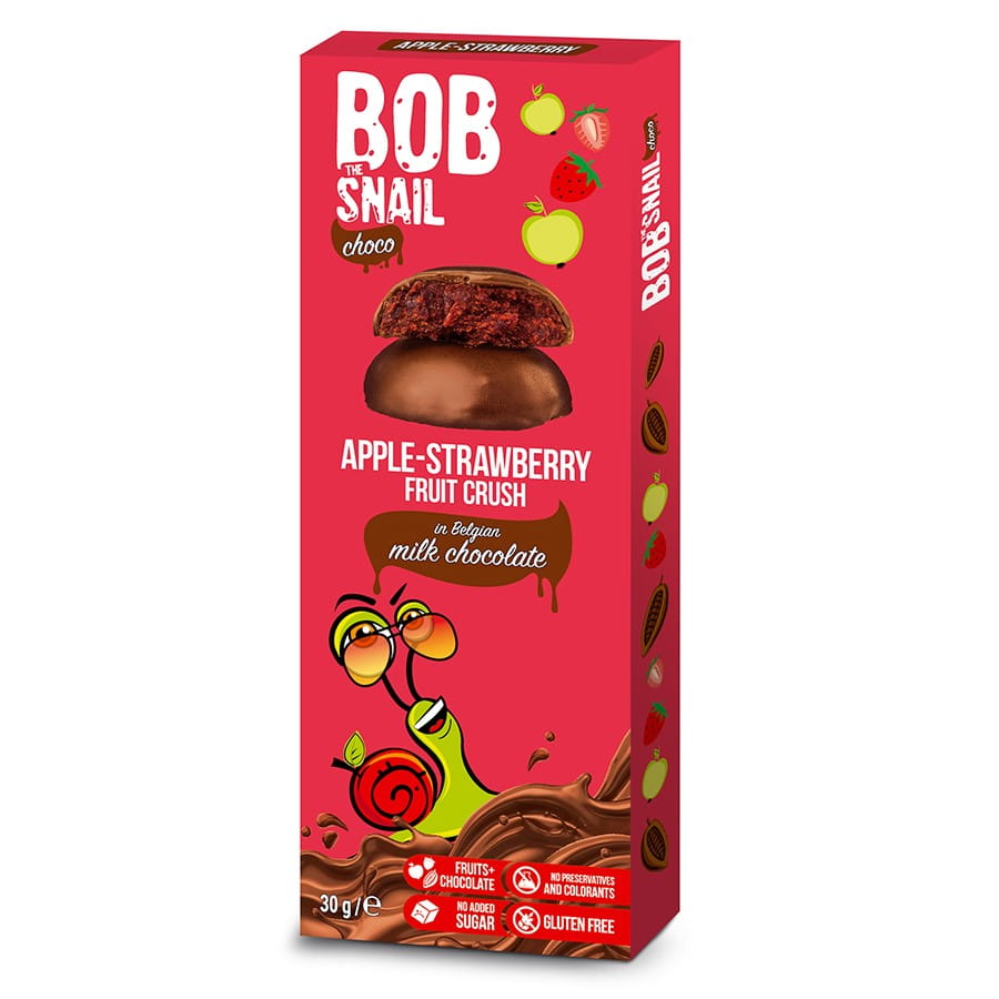 Vollmilchschokolade Apfel-Erdbeer-Snack von BOB SNAIL in 30g Verpackung, mit fruchtigen Apfel- und Erdbeerelementen.
