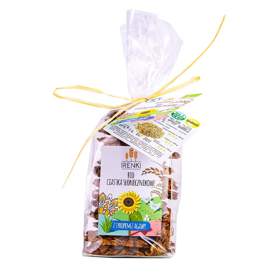 Sonnenblumen-Haferkuchen mit Agave von IRENKA, Bio, 150g, auf weißem Hintergrund, zeigt den knusprigen, goldbraunen Keks