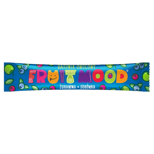 Fruchtriegel mit Preiselbeere und Heidelbeere, 20g, von FRUIT MOOD, zeigt die fruchtigen Riegel in der Verpackung