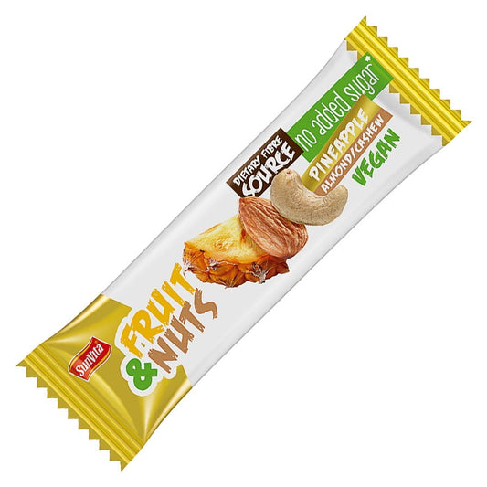 Frucht-Nuss-Riegel "Ananas" von SUNVITA, 30g, mit fruchtigen Ananasstücken und Nüssen, ohne Zuckerzusatz, auf dem Bild sichtbar