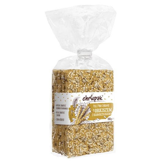 Knäckebrot mit Sonnenblumenkerne von CHRUPAK, 180g, knusprige Dinkelknäcke mit Sonnenblumenkernen.