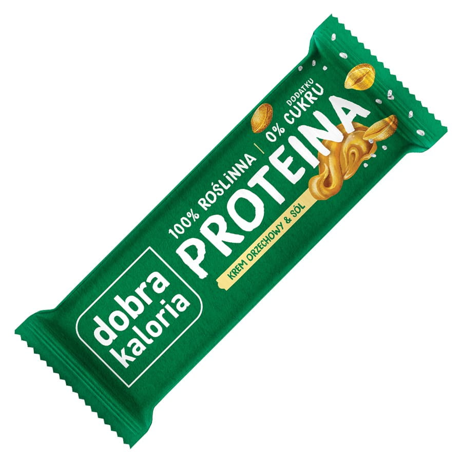 Proteinriegel mit Nusscreme und Salz von DOBRA KALORIA, 45 g, close-up Ansicht des Riegels mit Nussfüllung.